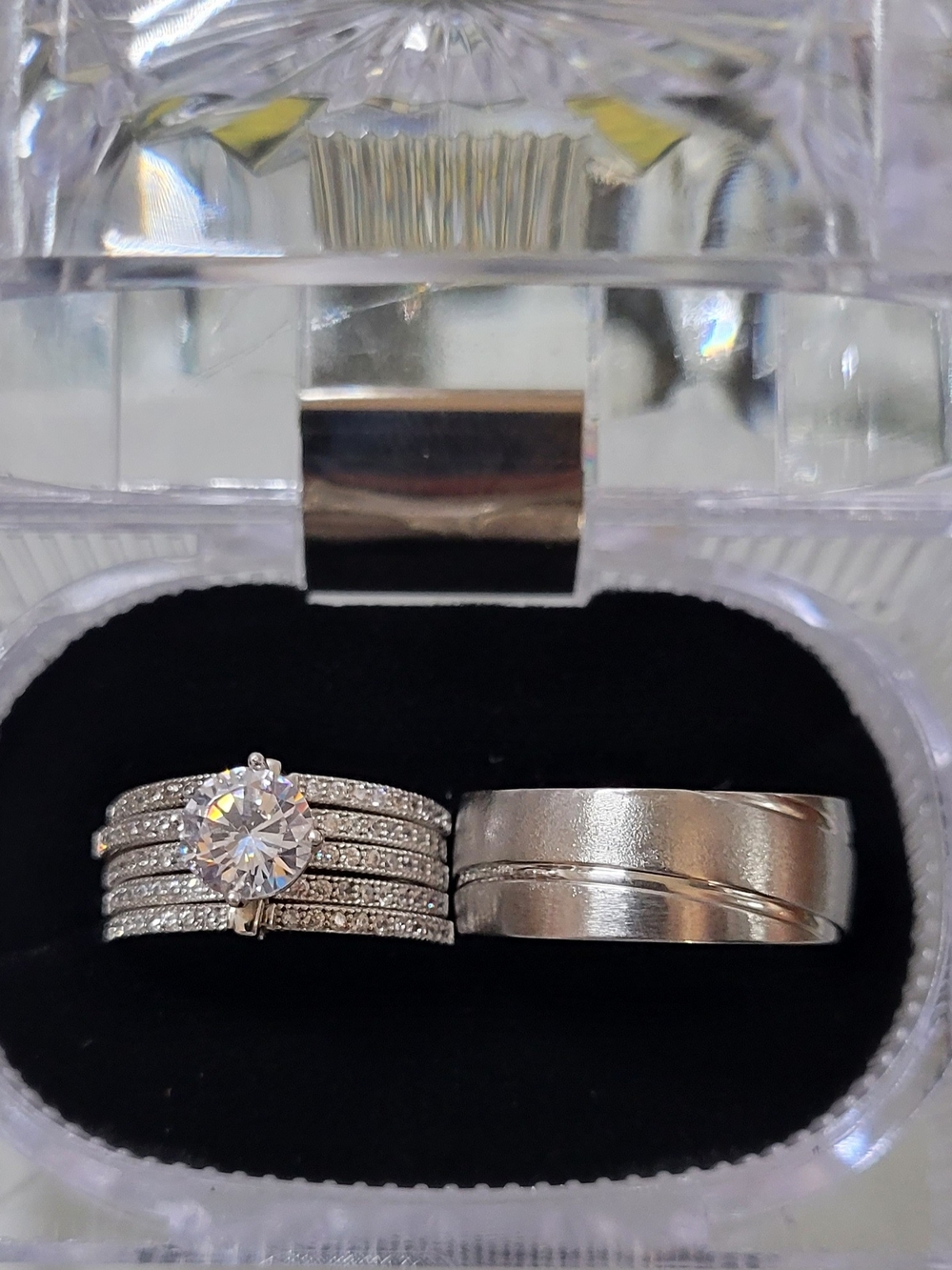 Silver-Tone Bridal & Groom Ring Set with Clear Center Stone